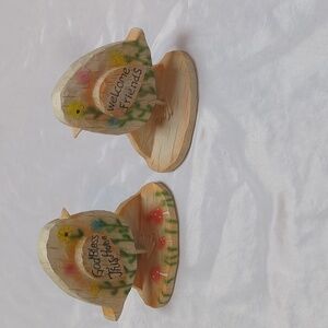 Country Chic Cottagecore Wooden Painted Bird Statue Decor Flowers Mushrooms 5"